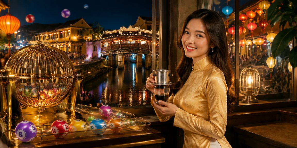 Phụ nữ áo dài tại Hội An tham gia xổ số trực tuyến trong không khí lễ hội đèn lồng